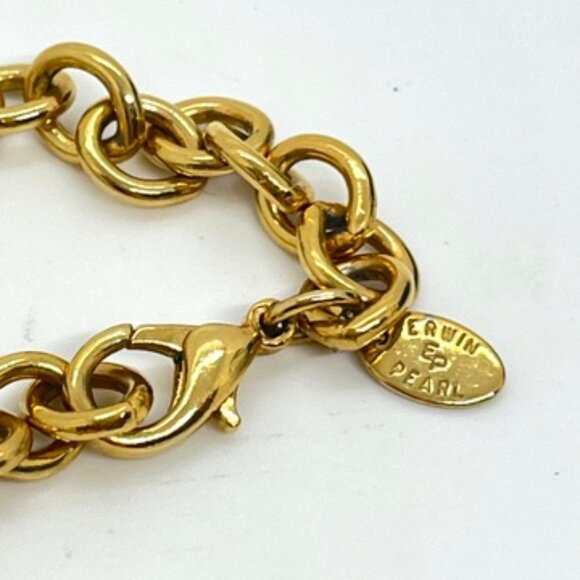 VINTAGE ERWIN PEARL HEART CHARM NECKLACE GOLD TONE ENAMEL RED YELLOW DOUBLE LINK - Picture 14 of 15